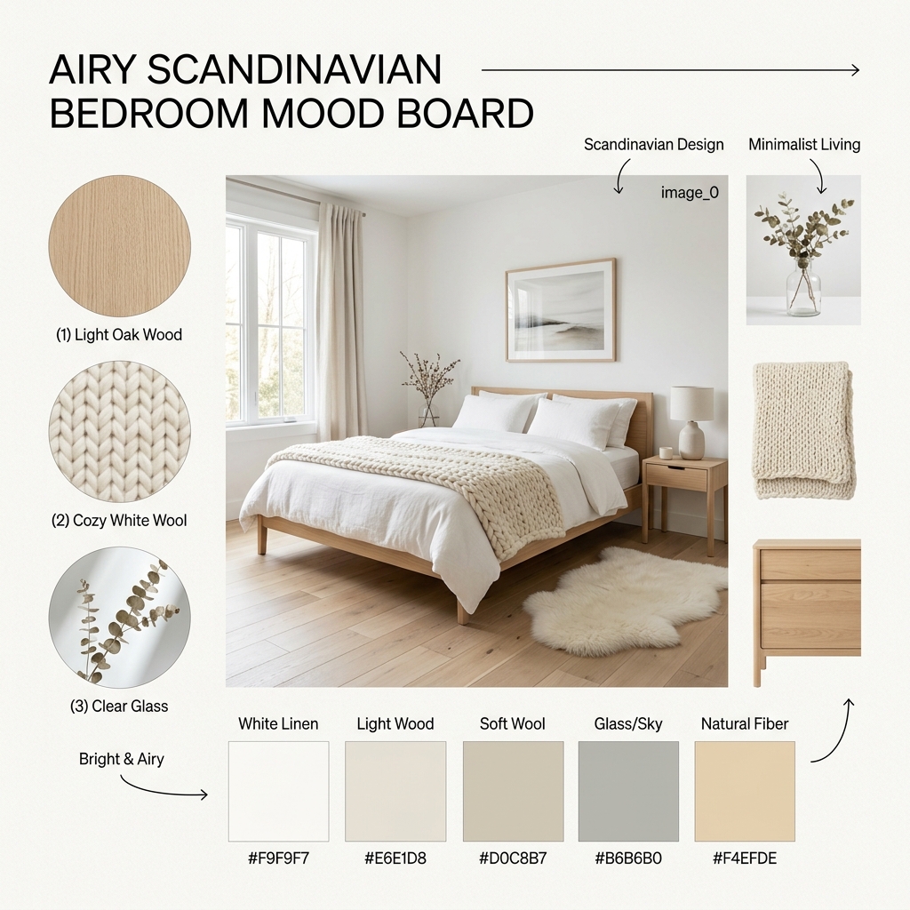 Airy Scandinavian Bedroom with light wood, wool, and glass