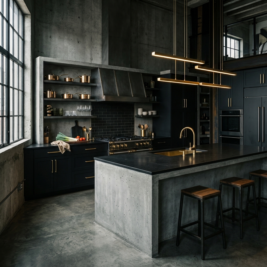 Industrial Kitchen with concrete finishes and brass accents