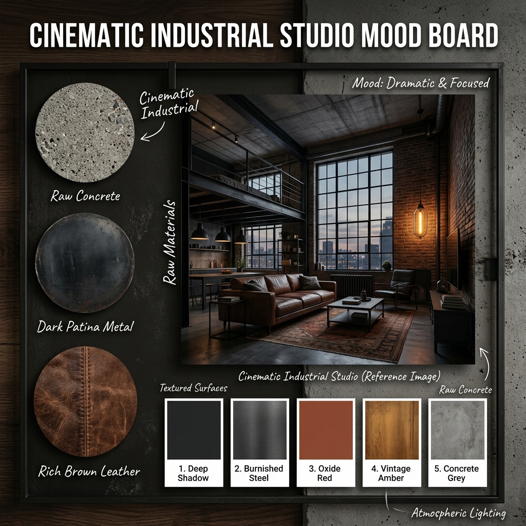 Cinematic Industrial Studio with concrete, metal, and leather